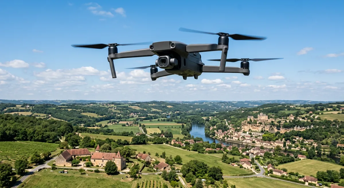 Drone professionnel pliable en vol stationnaire, nacelle caméra orientée