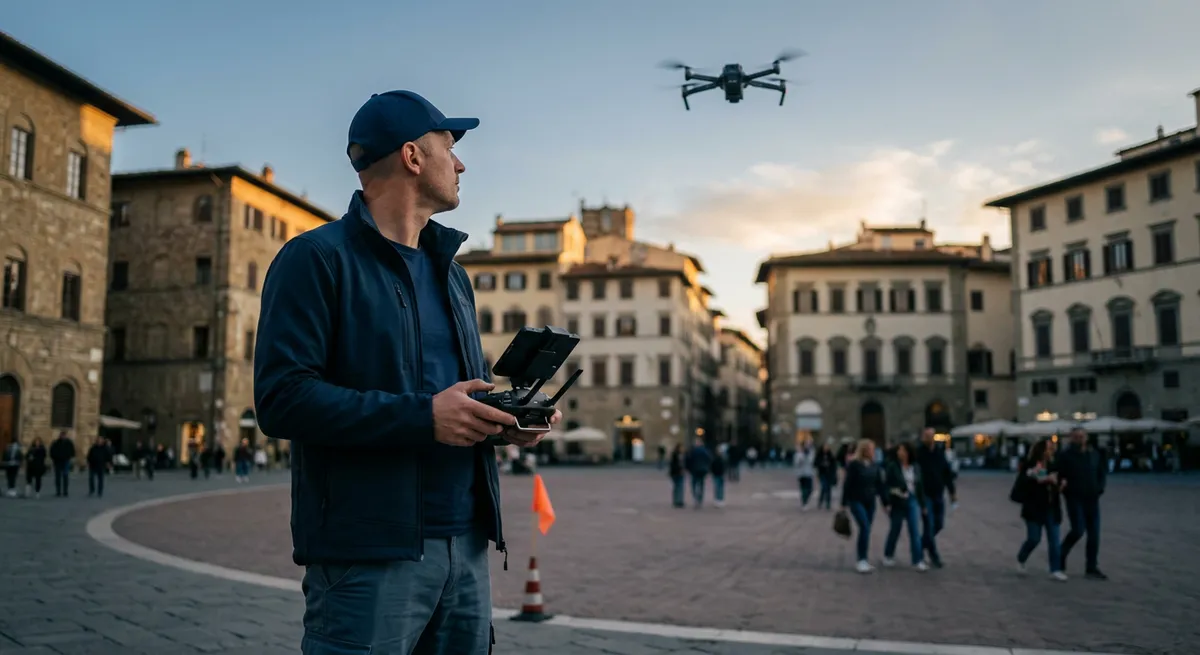 Télépilote professionnel faisant voler un drone près de passants