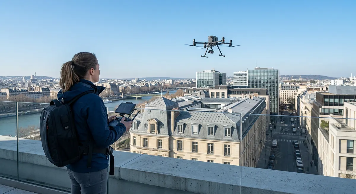 Télépilote professionnel observant son drone en vol au-dessus d'un bâtiment