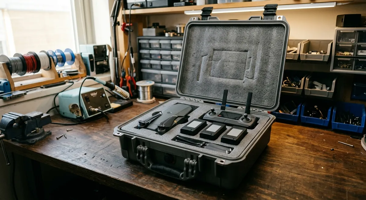 Mallette de transport avec drone, radiocommande et batteries
