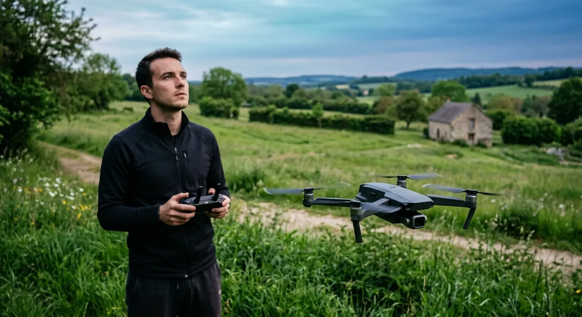 Télépilote pilotant un drone au-dessus d'un espace vert