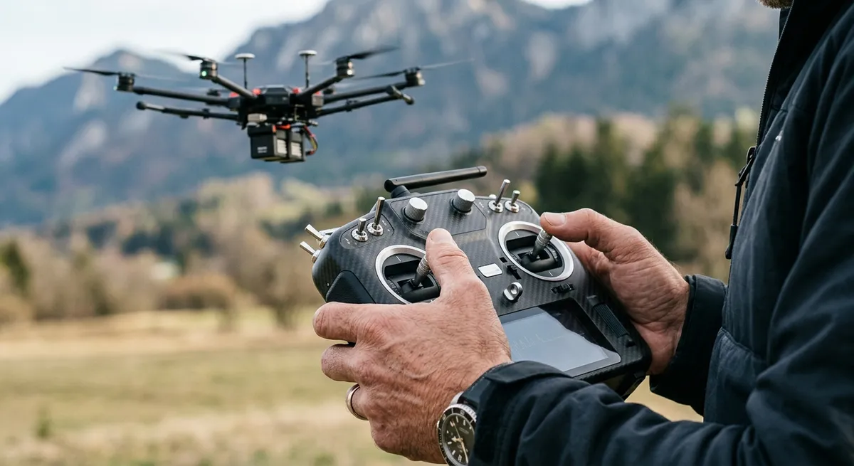 Mains d'un télépilote tenant une radiocommande de drone
